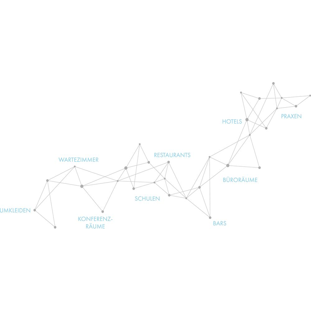 Un diagramme de réseau abstrait avec des points connectés et des étiquettes comme BUREAUX et HÔTELS.