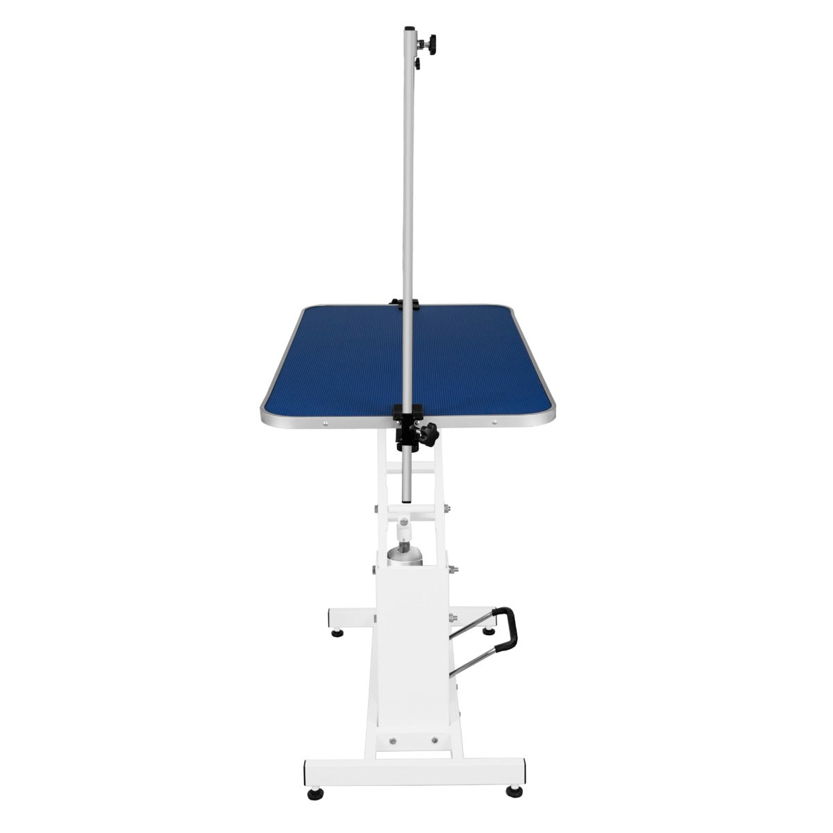 Una mesa de aseo ajustable blanca con superficie azul y brazo de sujeción.