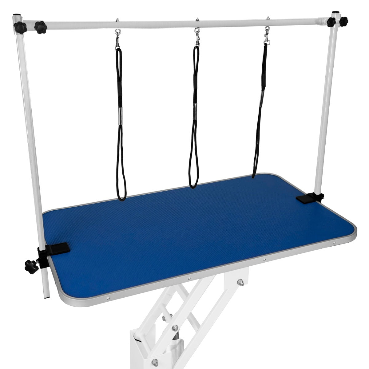 Una mesa de aseo azul con soporte ajustable y tres correas.