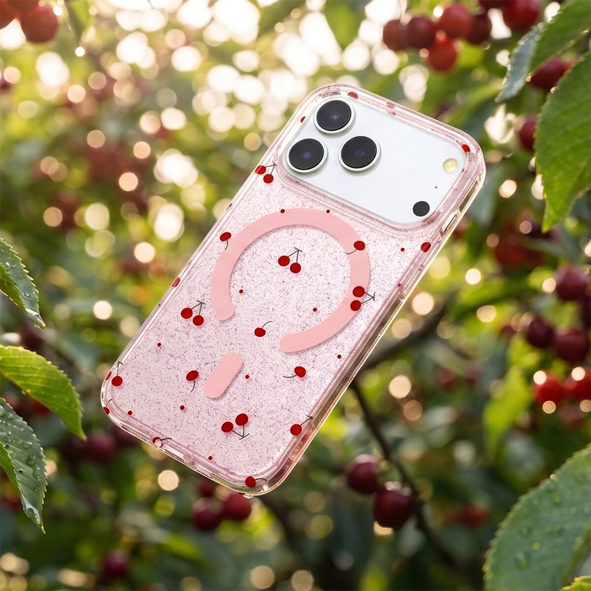 Ein rosa iPhone-Hülle mit Kirschmuster schwebt vor einem Kirschbaum im Sonnenlicht.