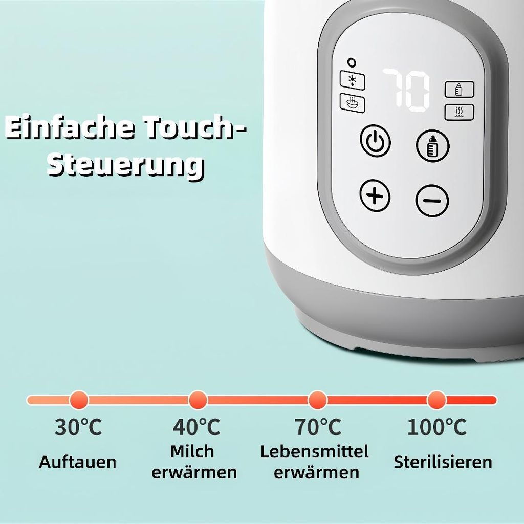 Einfache Touch-Steuerung mit Temperaturanzeigen für Auftauen, Milch, Lebensmittel und Sterilisieren.