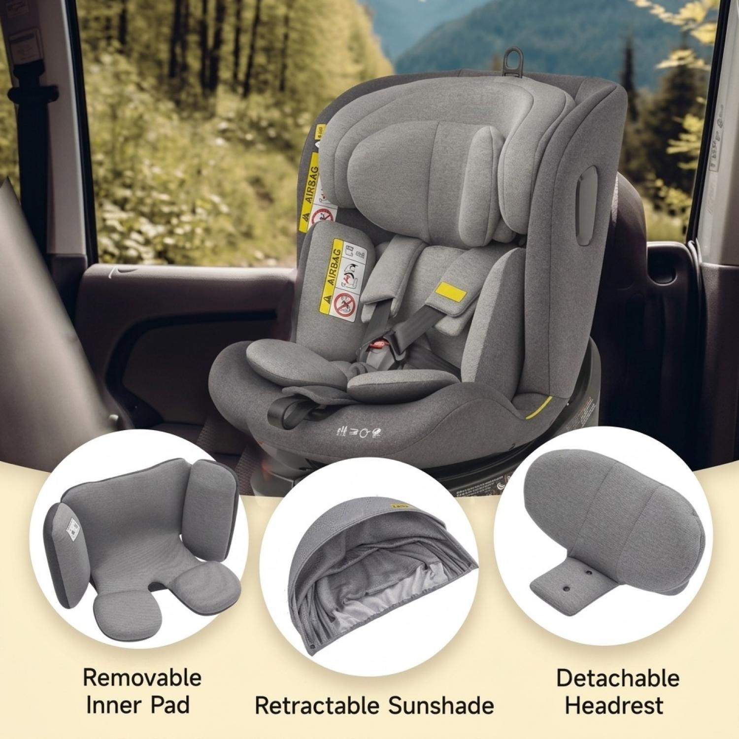 Grauer Kindersitz im Auto mit Einsätzen: Innenpolster, Sonnendach, Kopfstütze.