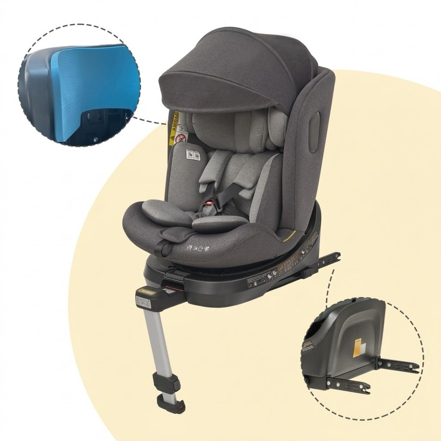 Grauer Kindersitz mit Sonnendach und ISOFIX-Basis. Details zeigen Polsterung und Befestigung.