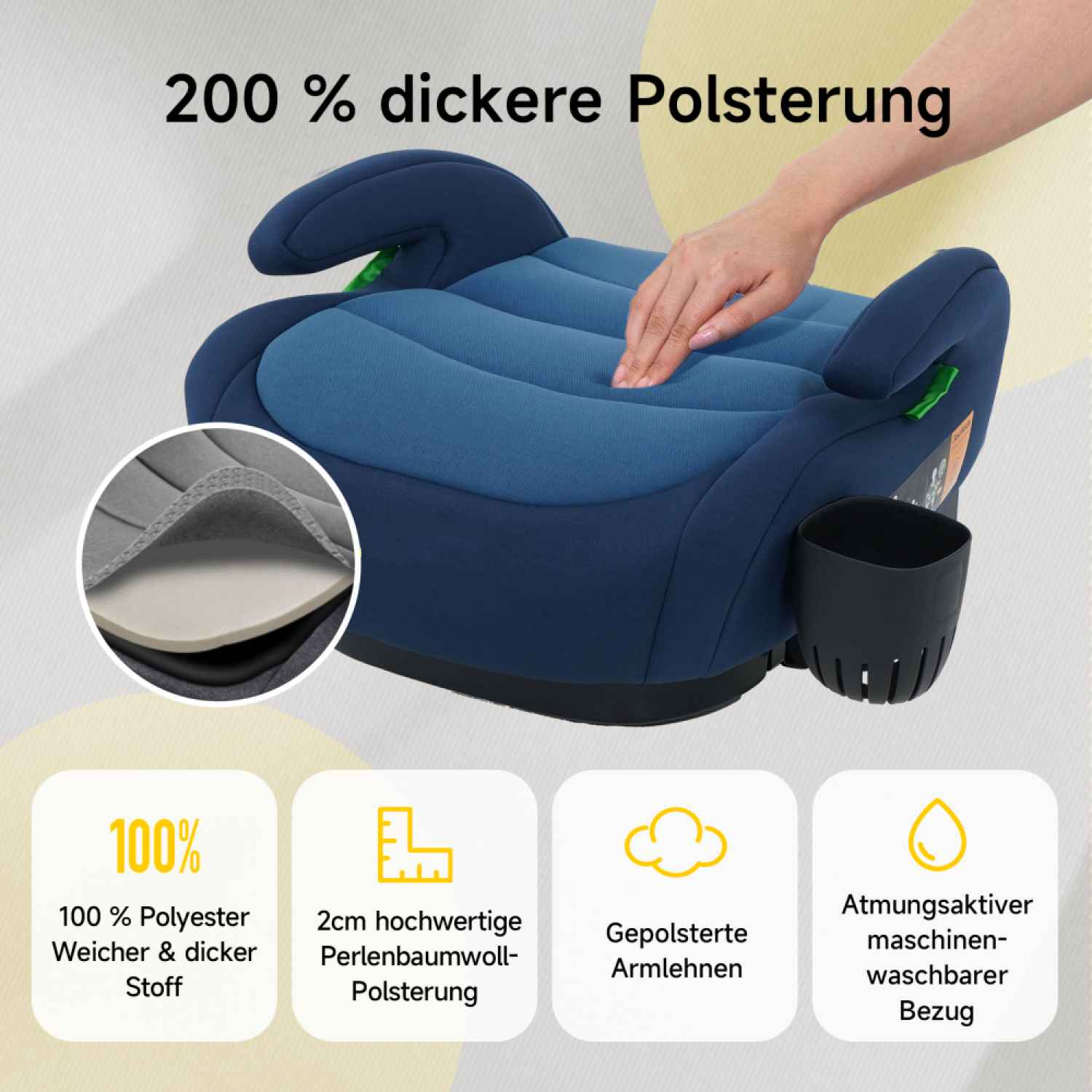 Blauer Autositz mit dicker Polsterung, Armlehnen und Getränkehalter. Text über Vorteile.