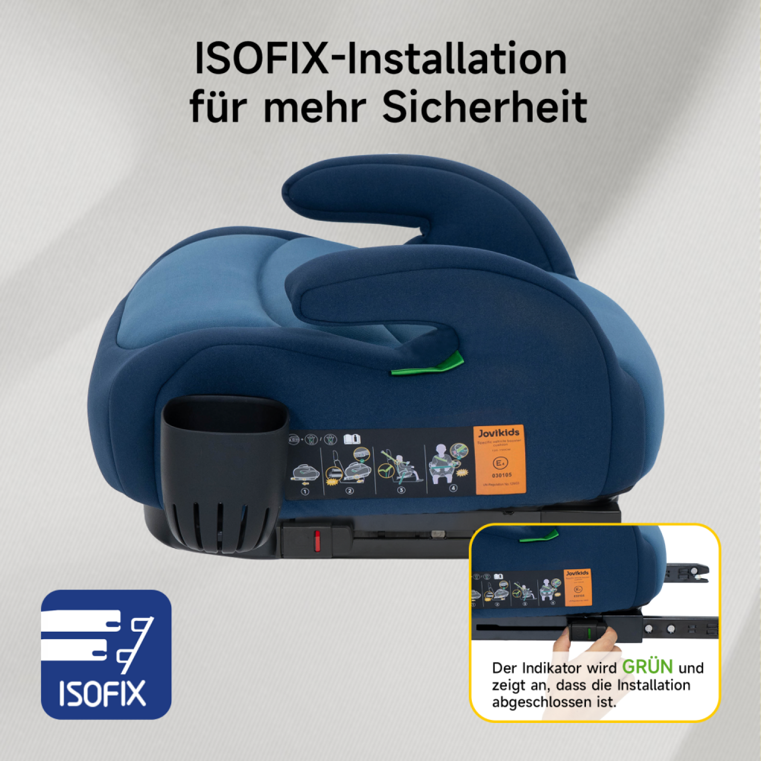 Dunkelblauer Jovikids Kindersitz mit Getränkehalter und ISOFIX-Logo.