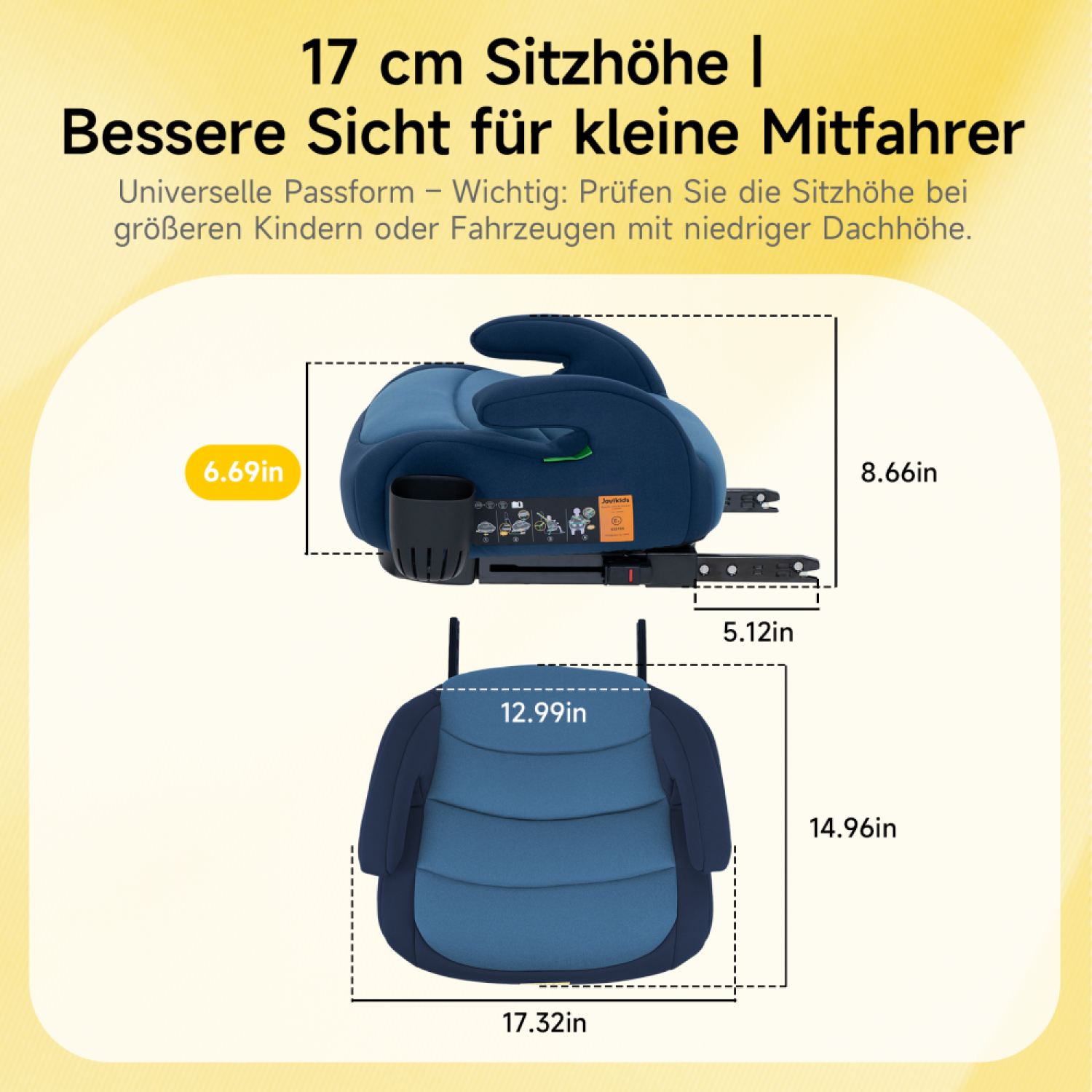 Blauer Kindersitz-Booster mit Maßen und Aufdrucken. Oben mit Armlehnen, unten als Sitzkissen.