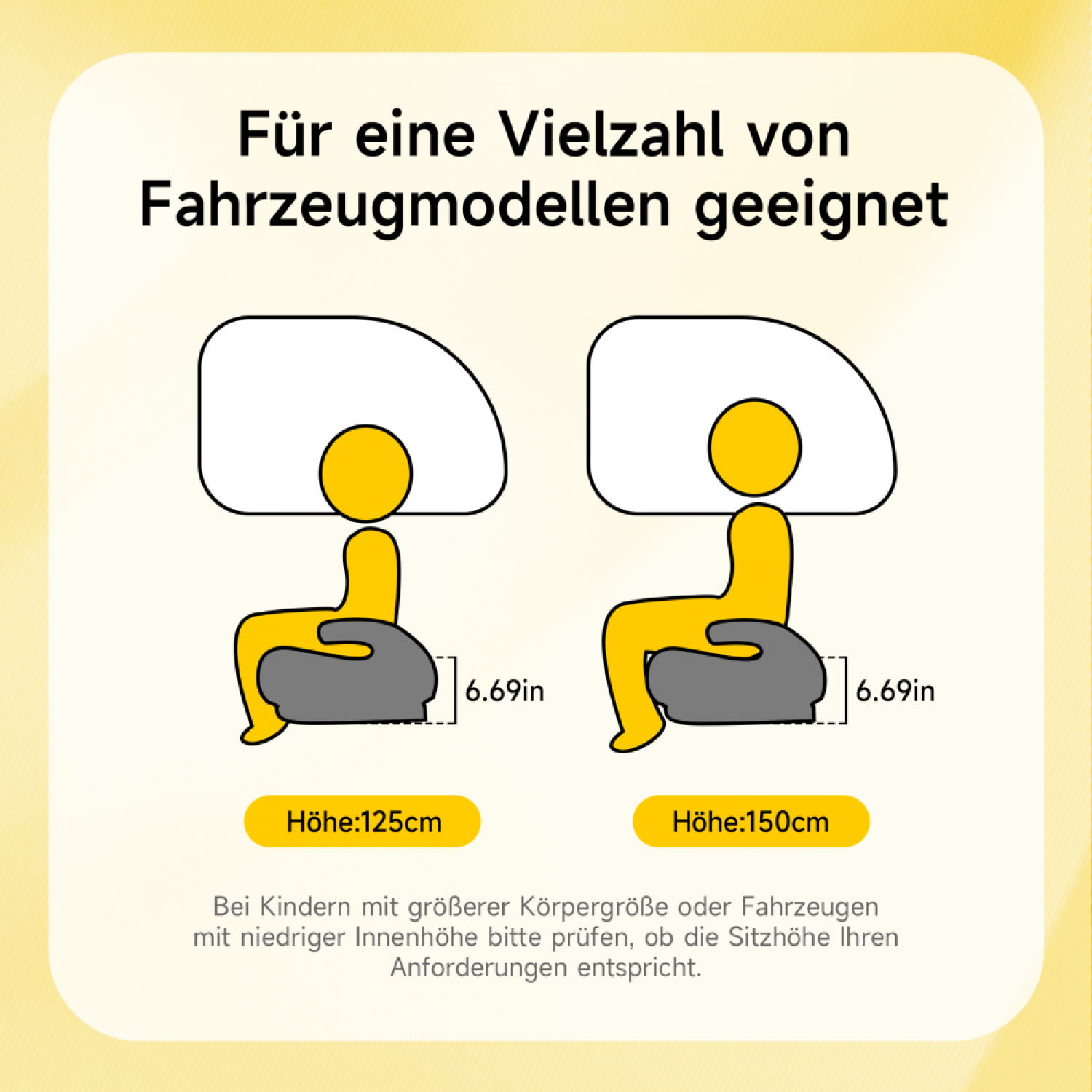 Illustration zeigt zwei Kindersitze mit unterschiedlichen Höhen: 125cm und 150cm.