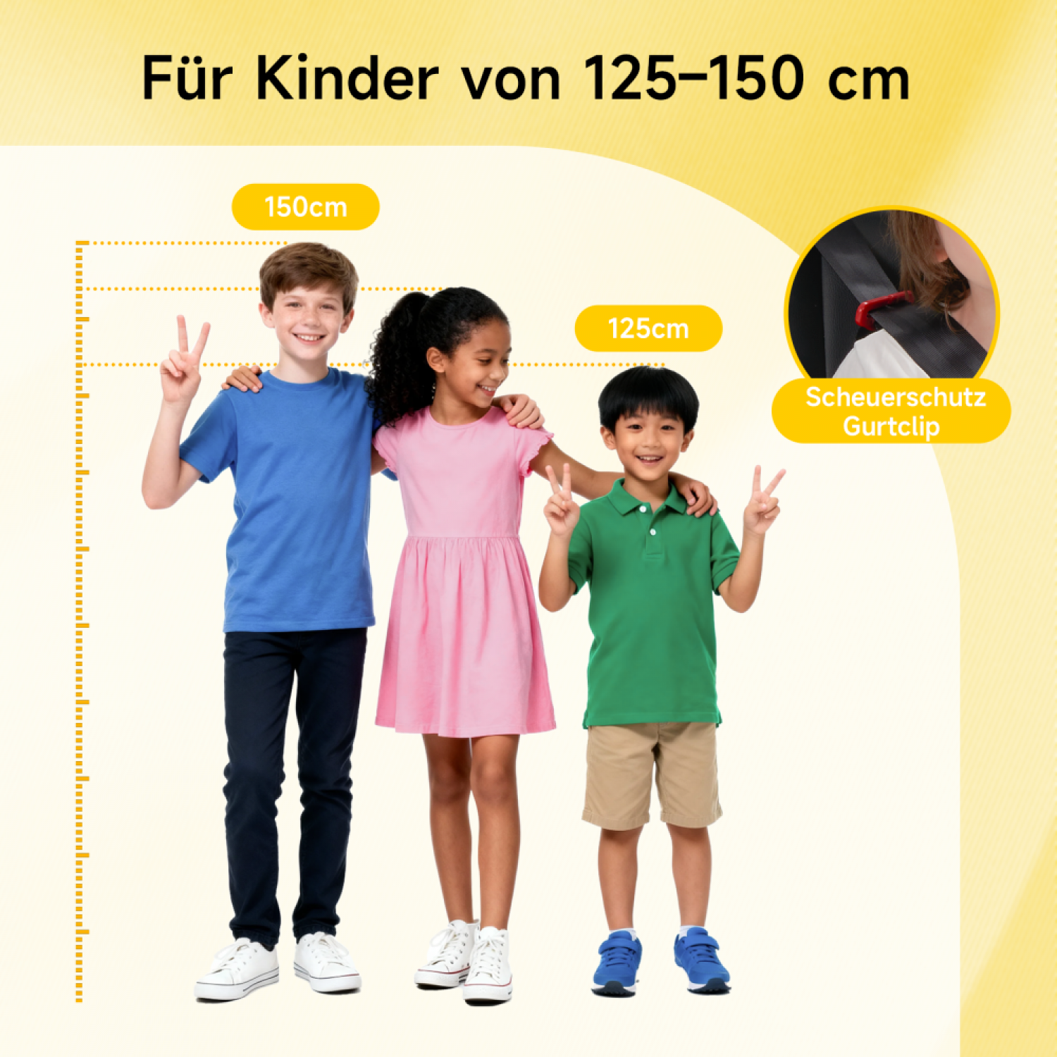 Drei Kinder vor einer Größentabelle, die einen Gurtclip zeigt.