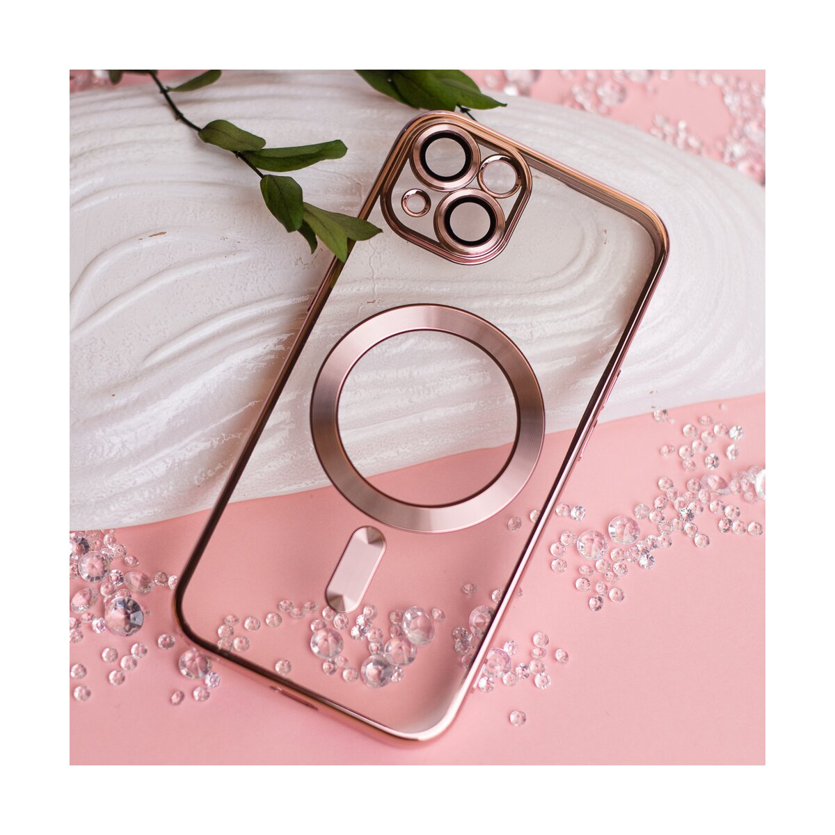 Durchsichtige Hülle mit roségoldenem Rand, Magnetring und Kristallen.