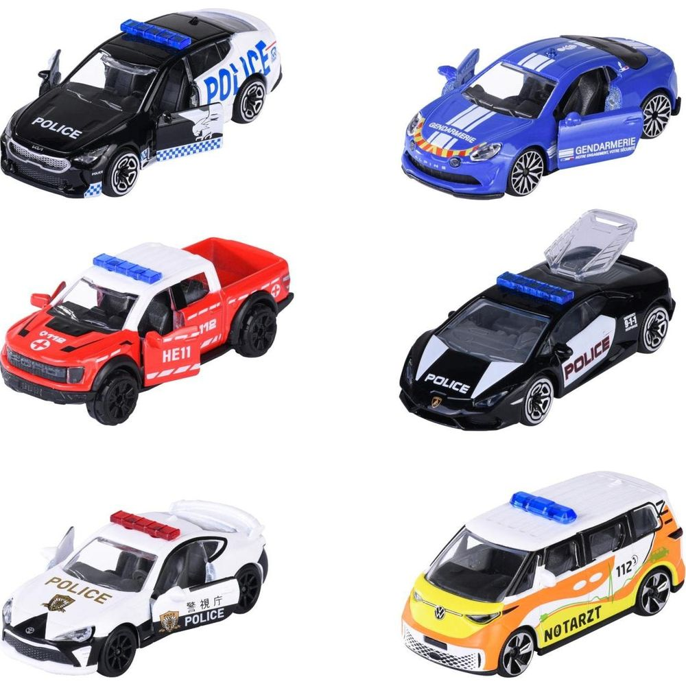 Sechs Spielzeugpolizeiautos in verschiedenen Farben und Designs.