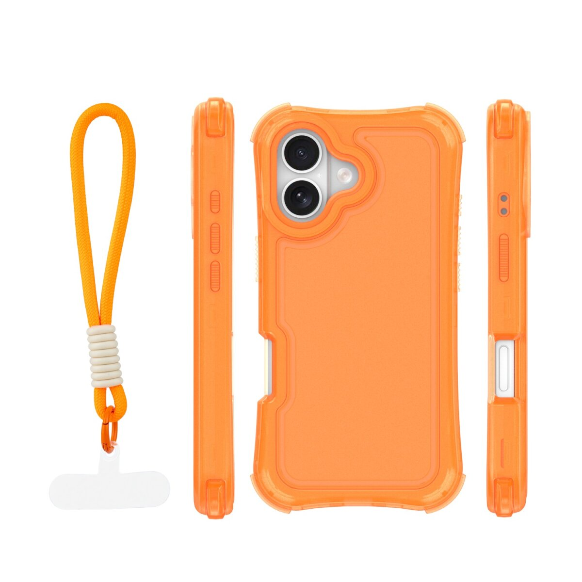 Orange Handyhülle mit Trageband, Vorder-, Seiten- und Rückansicht.