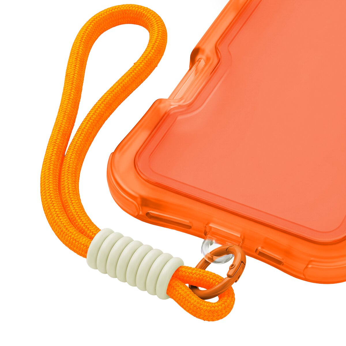 Orangefarbenes Handyhülle mit Schnur und Karabinerhaken auf weißem Hintergrund.