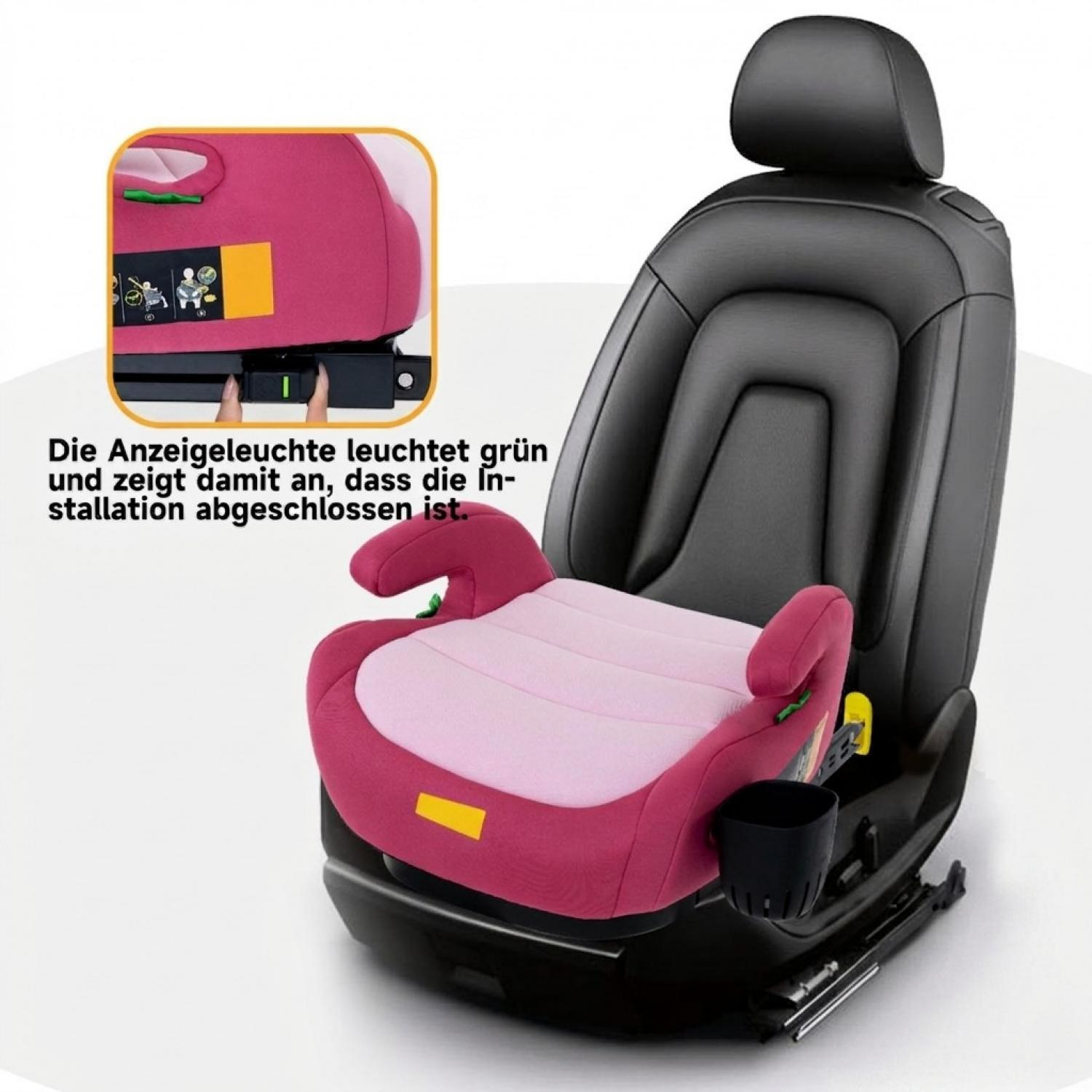 Kindersitz mit grüner Anzeige auf schwarzem Autositz montiert. Halterung sichtbar.