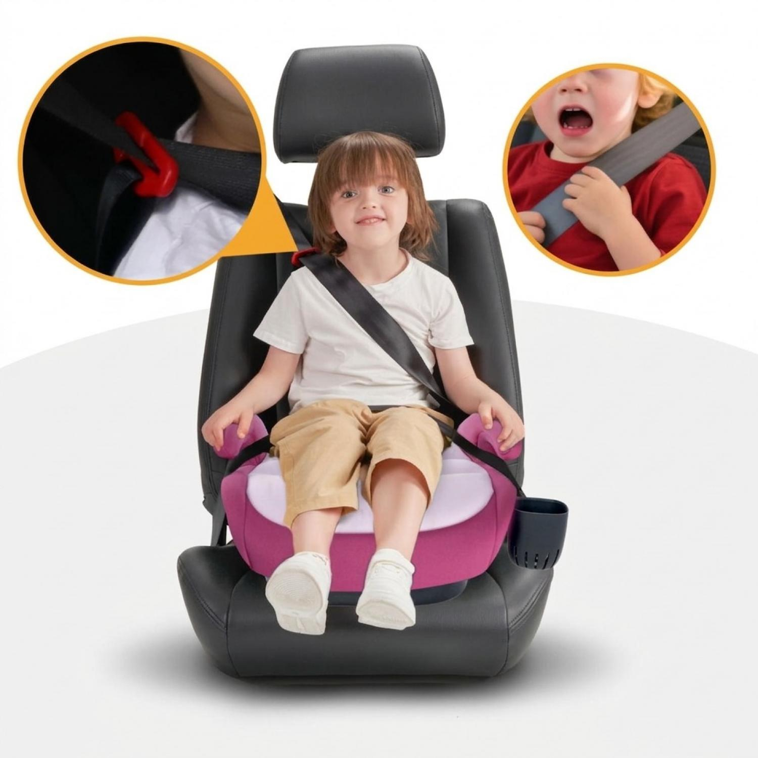 Ein Kind sitzt in einem Autositz mit Gurt. Nahaufnahmen zeigen Gurtverriegelung und ein weinendes Kind.