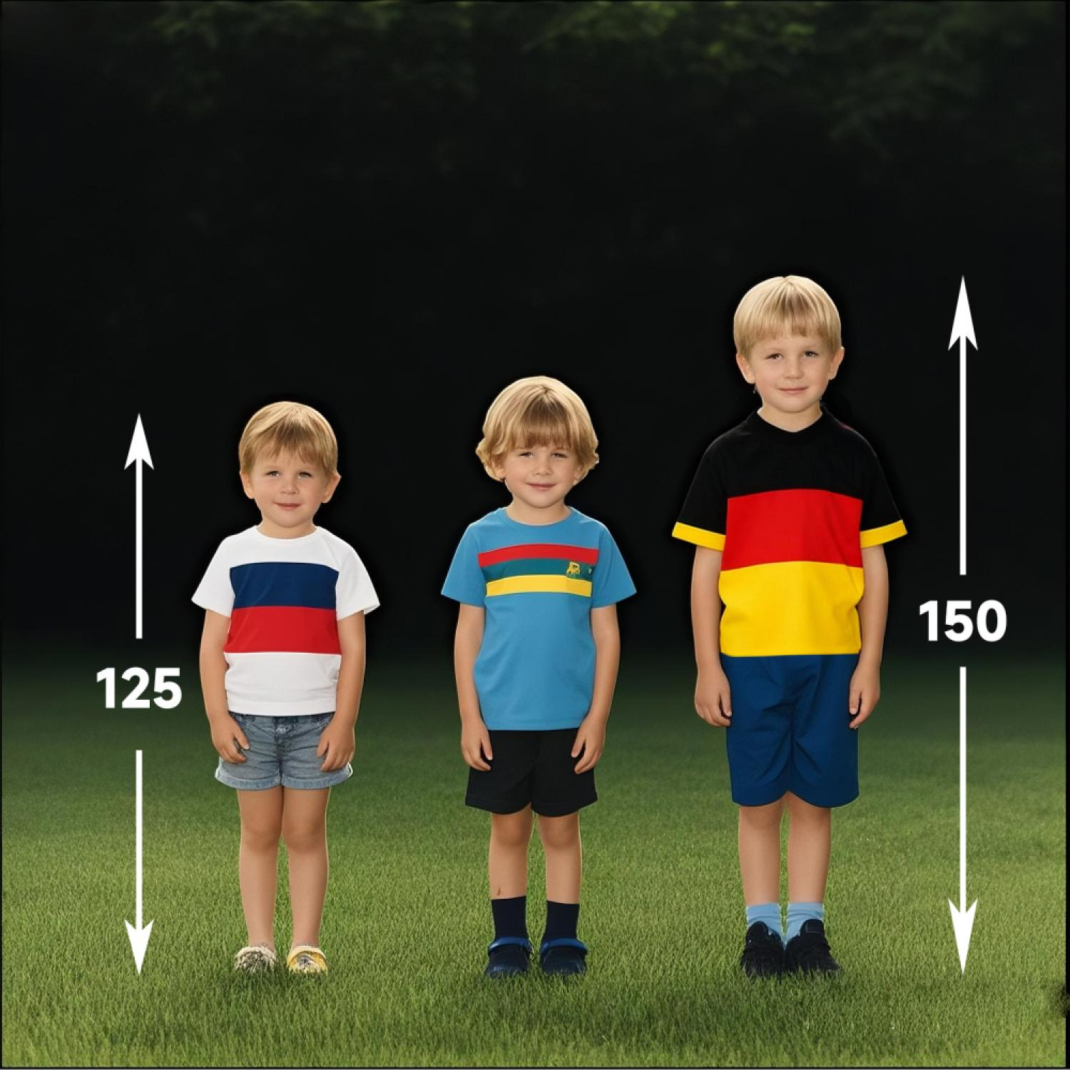 Drei Jungen stehen im Gras mit Höhenmarkierungen von 125 und 150.