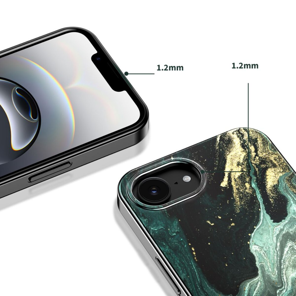Nahaufnahme eines Smartphones und einer Handyhülle mit Marmormuster.