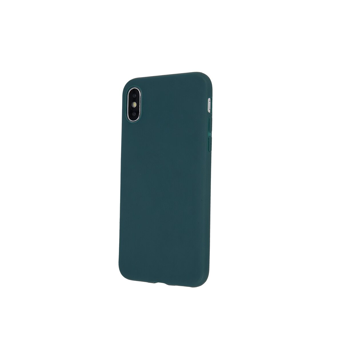 Dunkelgrüne Handyhülle für ein iPhone mit Kameraloch, auf weißem Hintergrund.