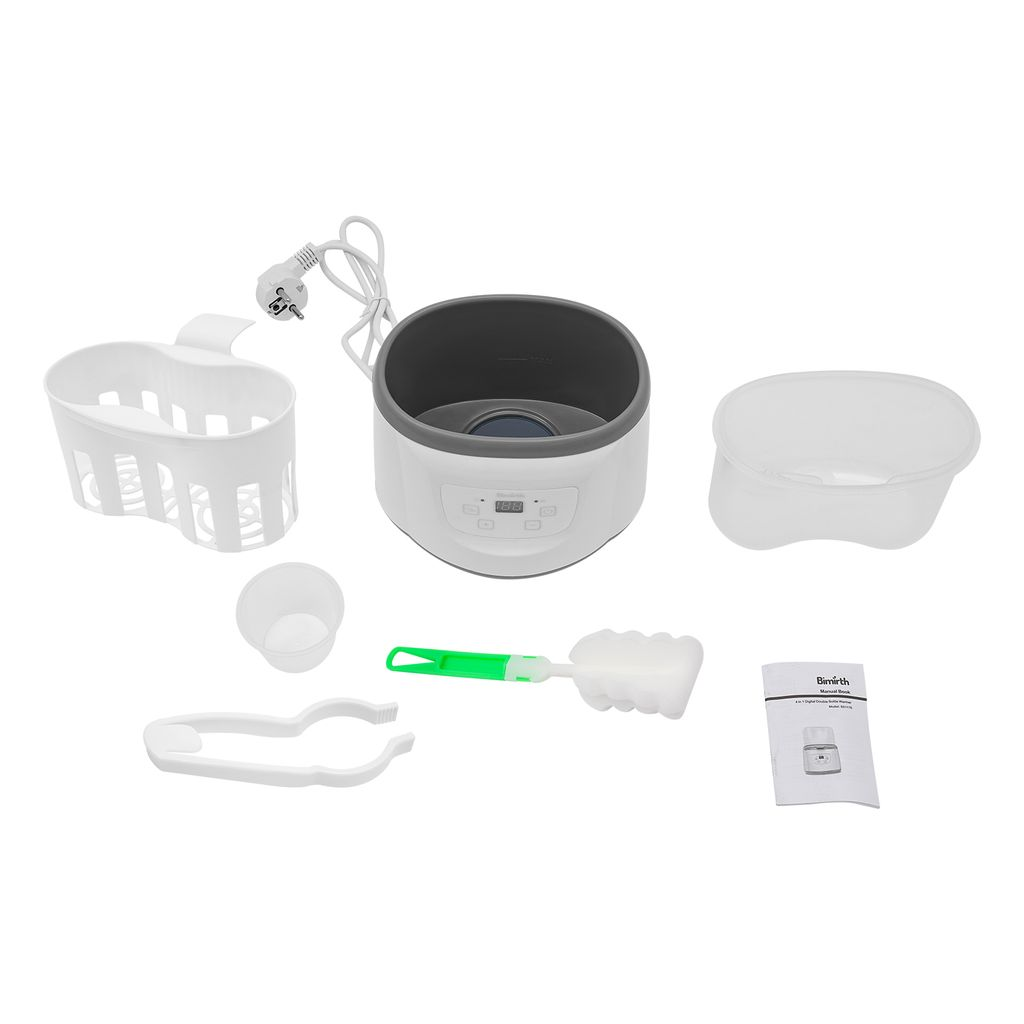 Ein Babyflaschensterilisator mit Zubehör, darunter ein Trockengestell, ein Messbecher, eine Bürste und eine Anleitung.