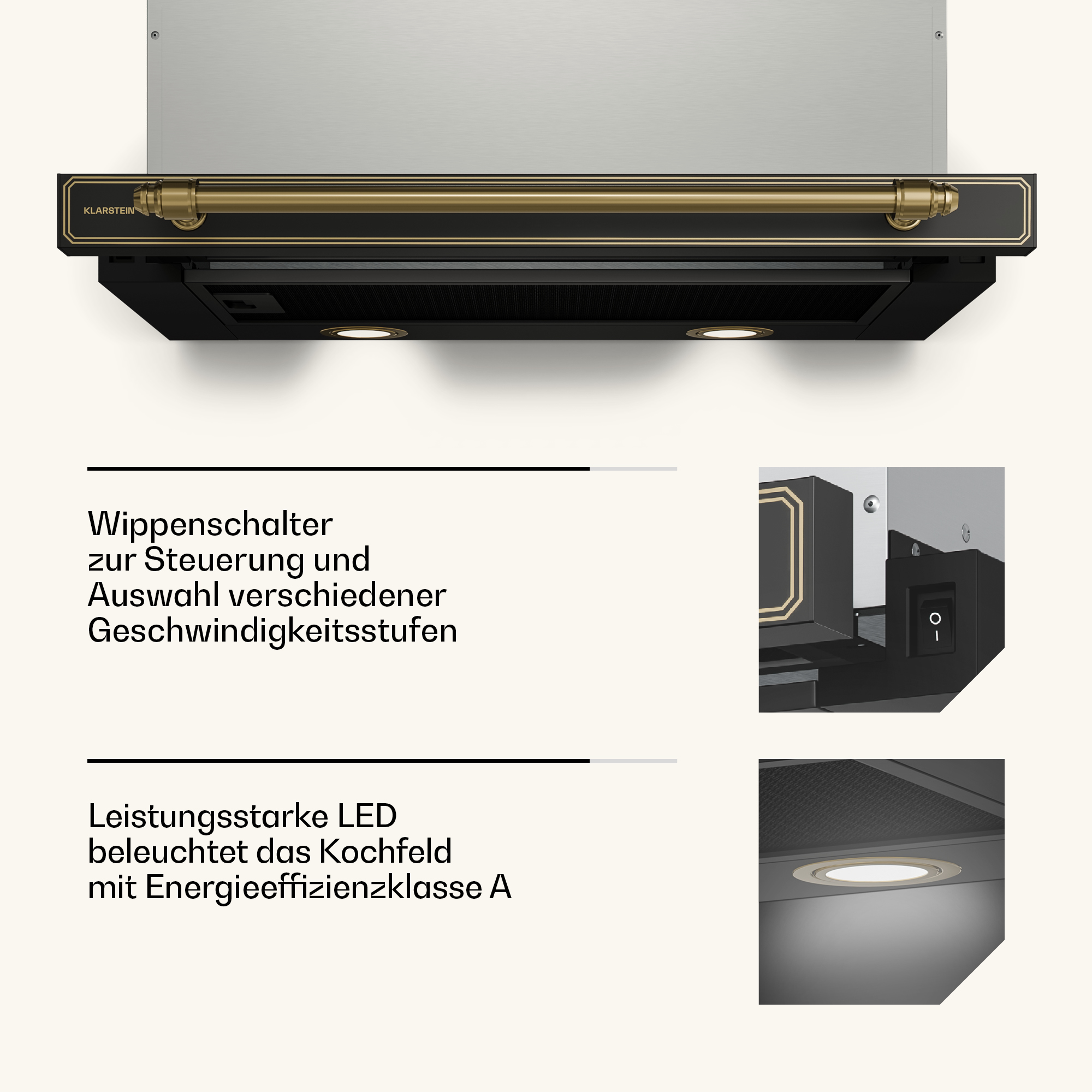 Cappa aspirante con barra dorata, interruttore e illuminazione a LED.