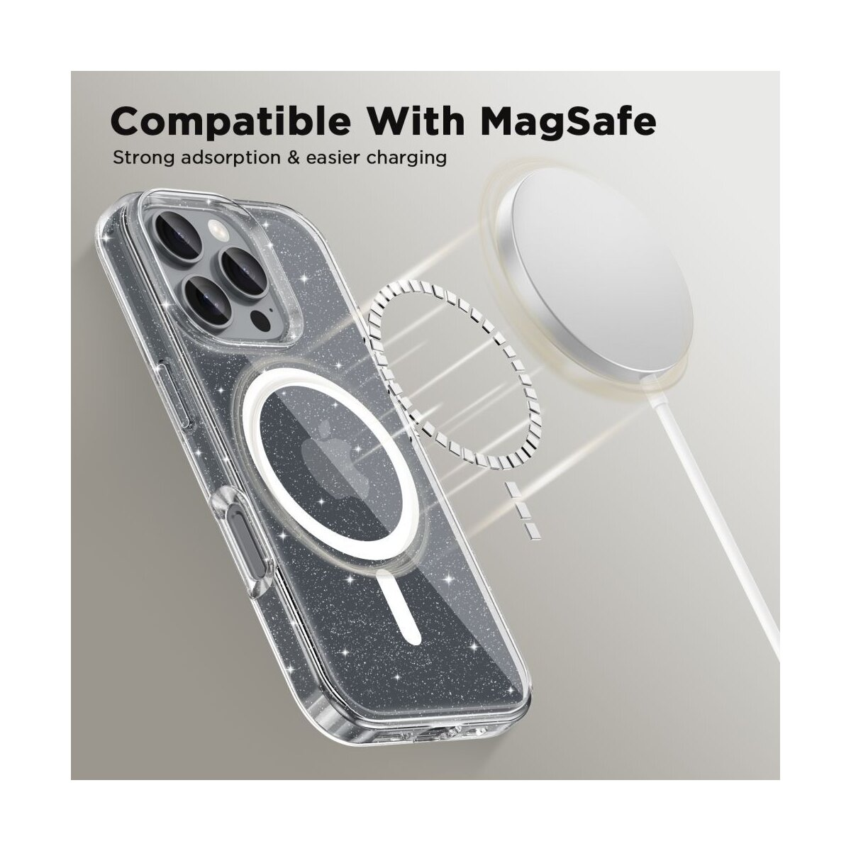 Transparente Hülle mit Glitzer für iPhone mit MagSafe-Ladegerät.