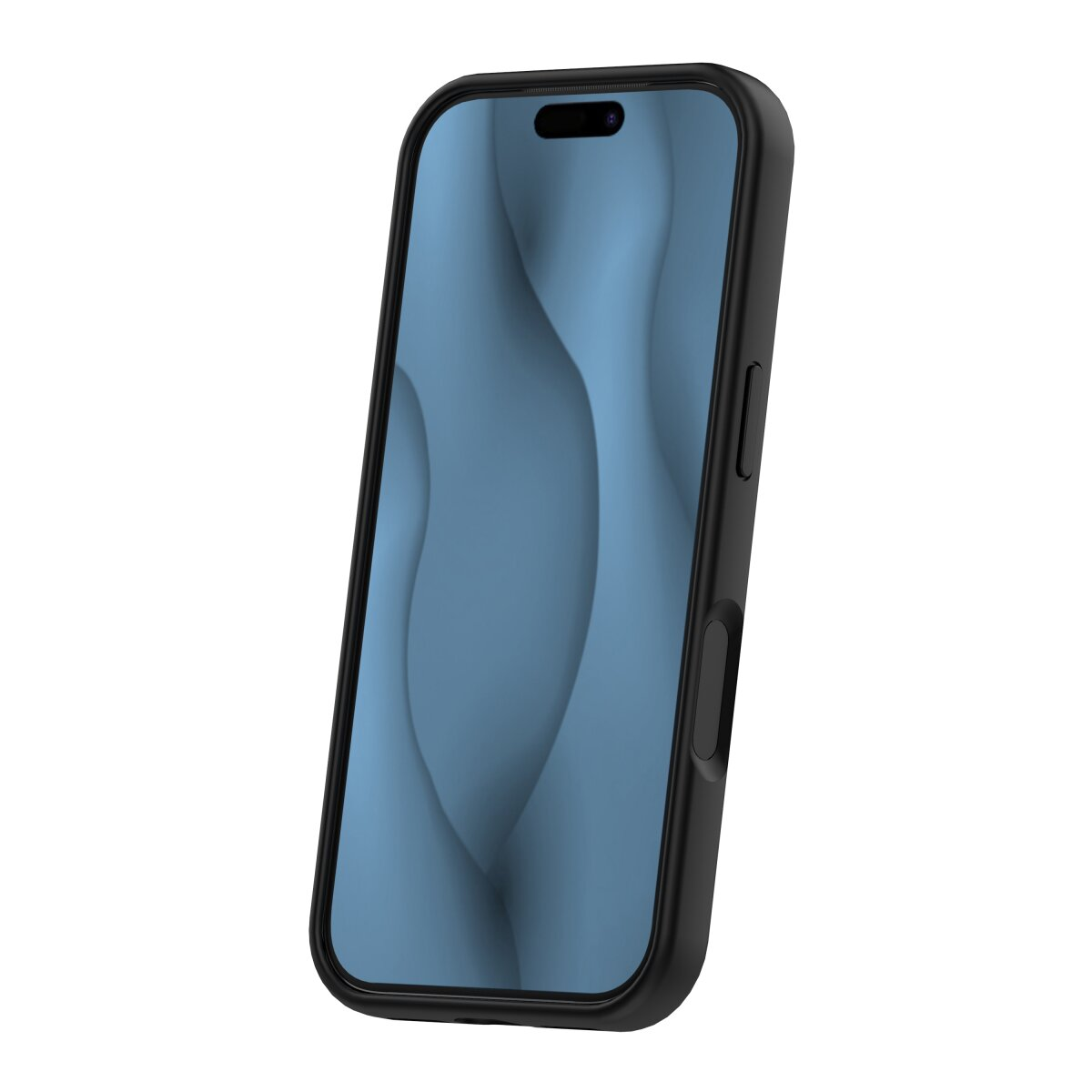 Ein schwarzes Smartphone mit einem blauen Hintergrund auf dem Bildschirm.
