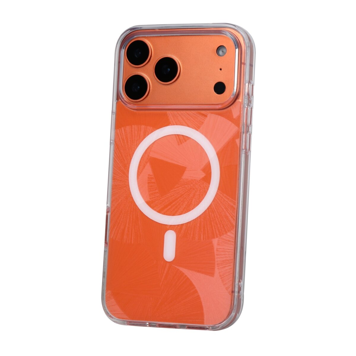 Eine durchsichtige Hülle mit orangem Hintergrund und Magnetring.