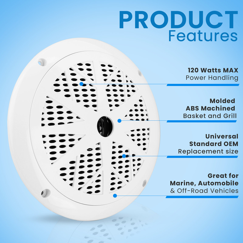 Weißer Lautsprecher mit Produktmerkmalen, 120W, ABS-Korb und Grill.