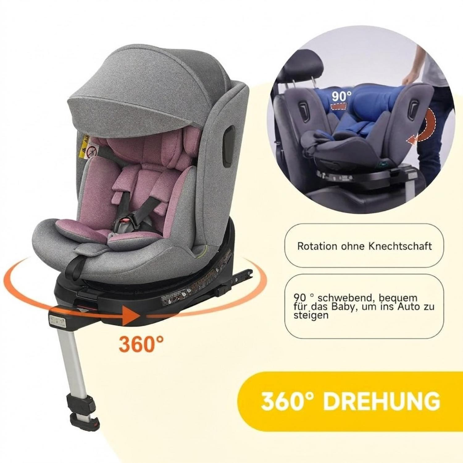Grauer Kindersitz mit rosa Polstern, 360° drehbar, mit Sonnenverdeck.