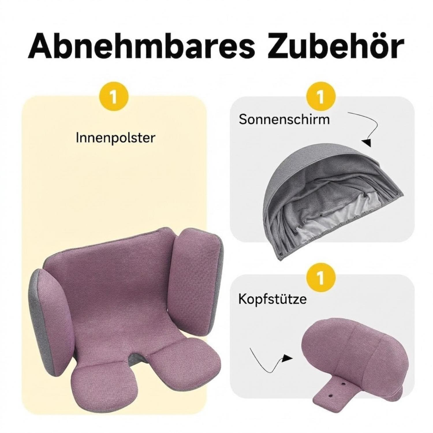 Abnehmbares Zubehör: Innenpolster, Sonnenschirm und Kopfstütze.