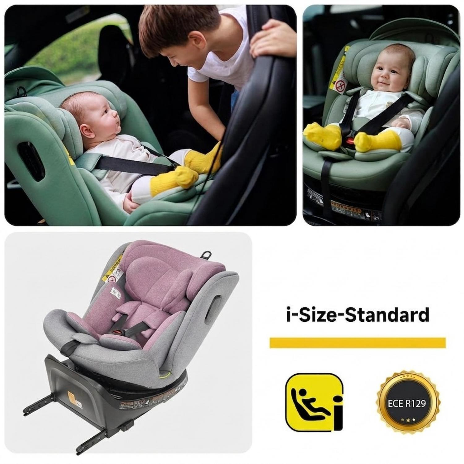 Baby und Kindersitz im Auto, sowie ein Kindersitz mit Zertifizierung.