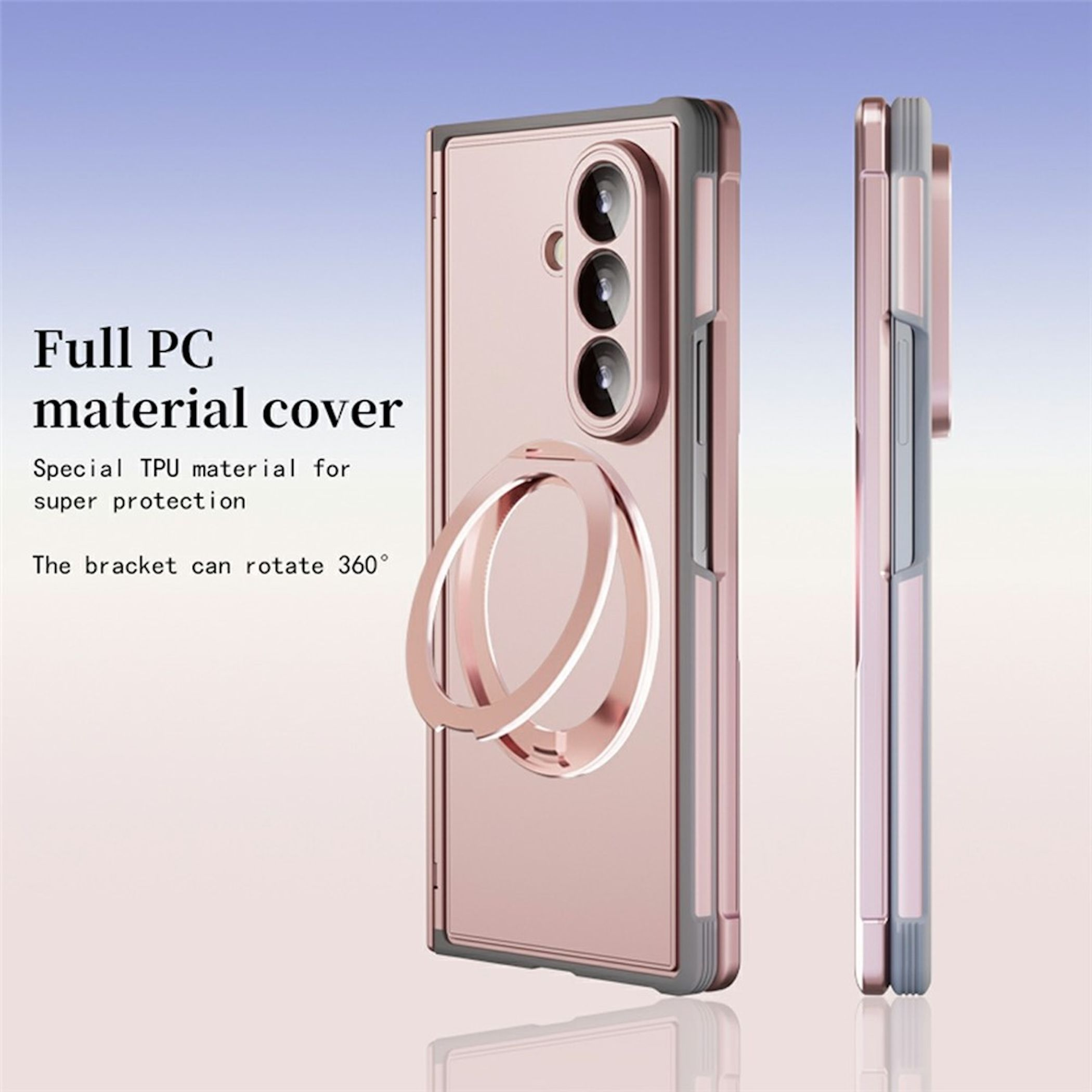 Ein roségoldenes Handycover mit Ringhalterung und Dreifachkameraöffnung.