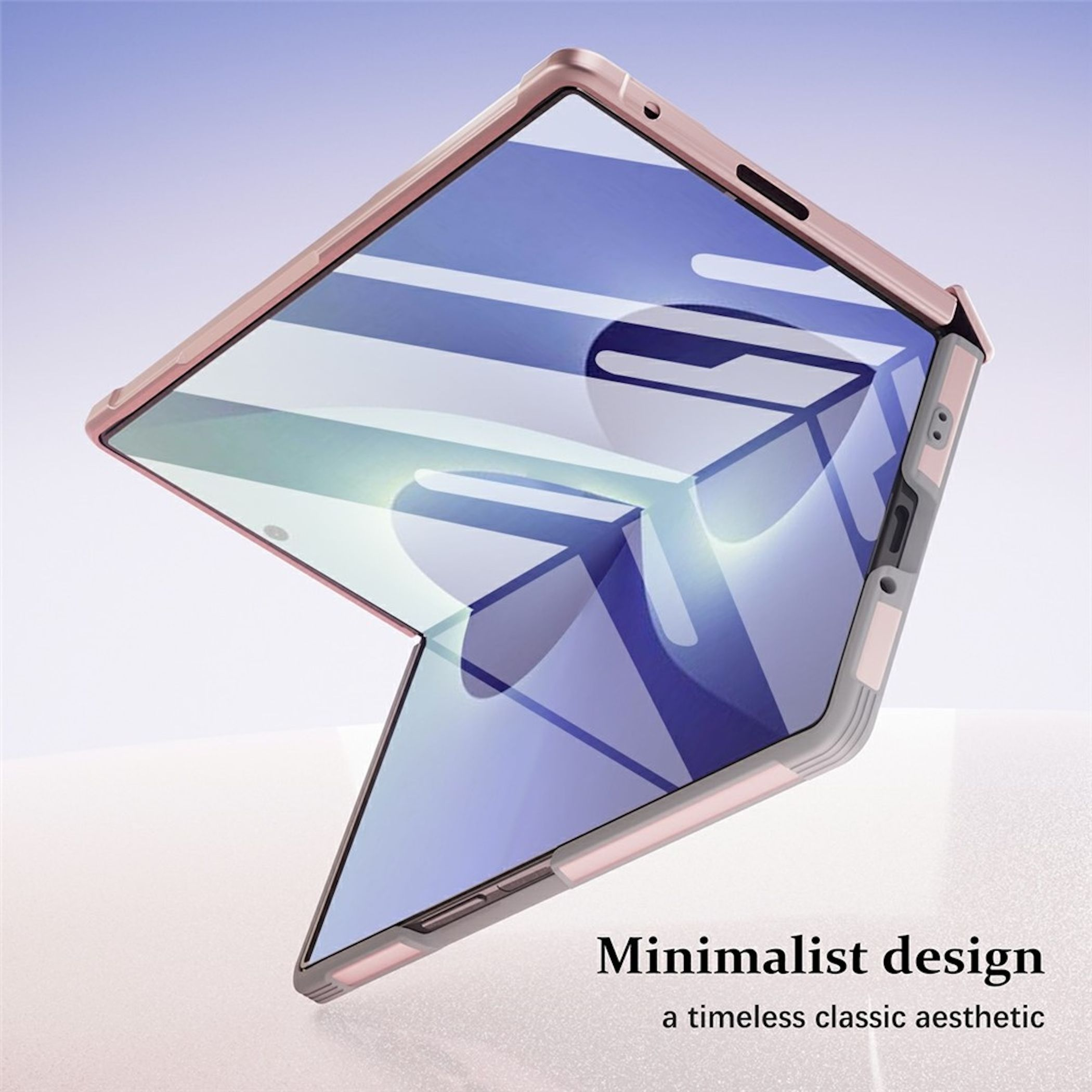 Ein roségoldenes Klapptelefon mit einem minimalistischen Design auf hellem Hintergrund.