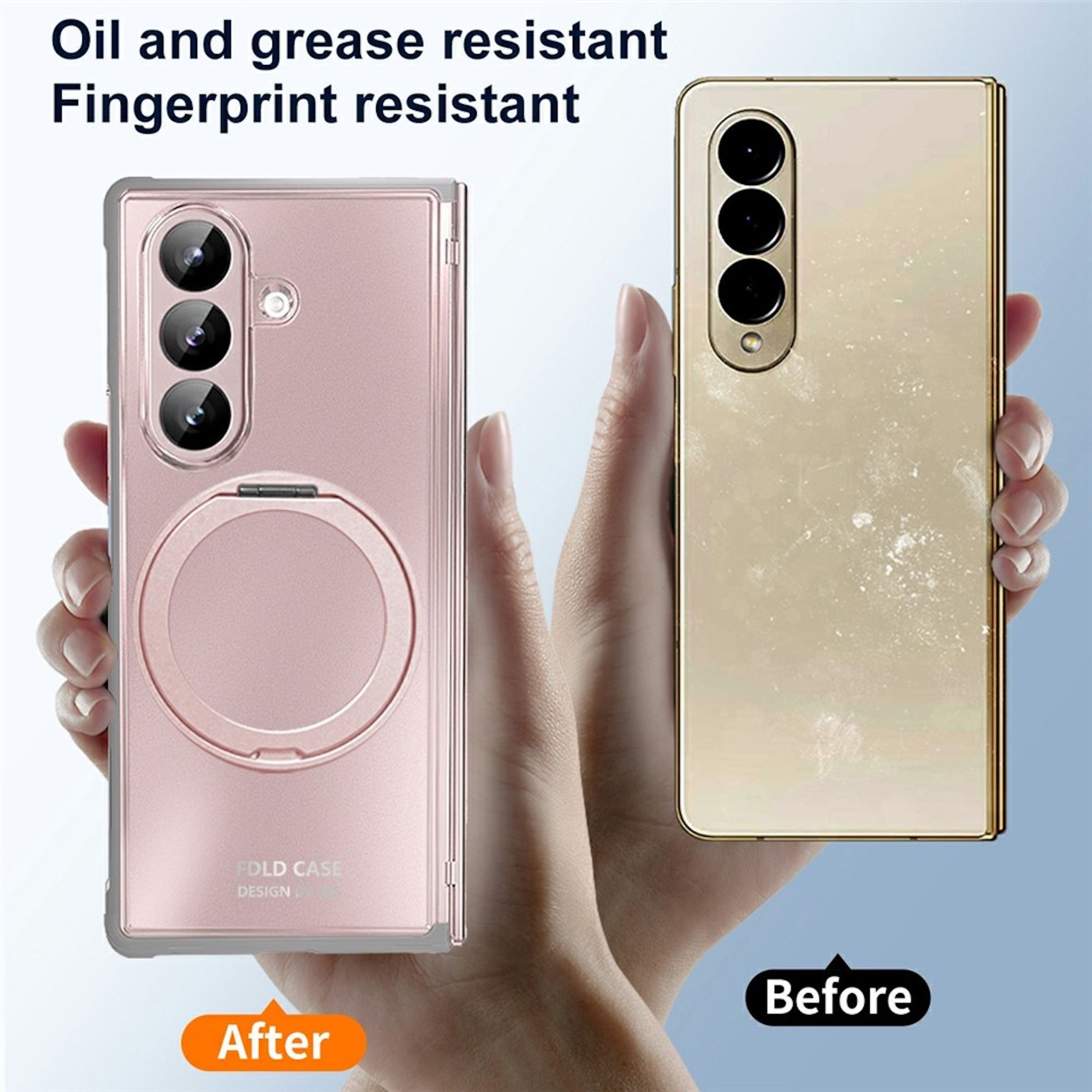 Ein rosafarbener Handyhülle mit Ring und ein schmutziges goldenes Handy.