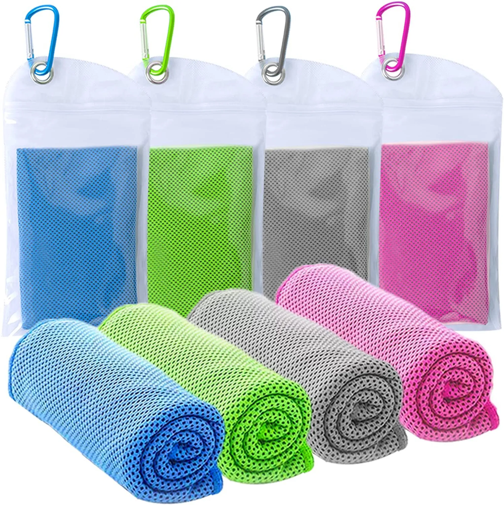 Vier Kühlhandtücher in Blau, Grün, Grau und Pink, in durchsichtigen Beuteln mit Karabinern.