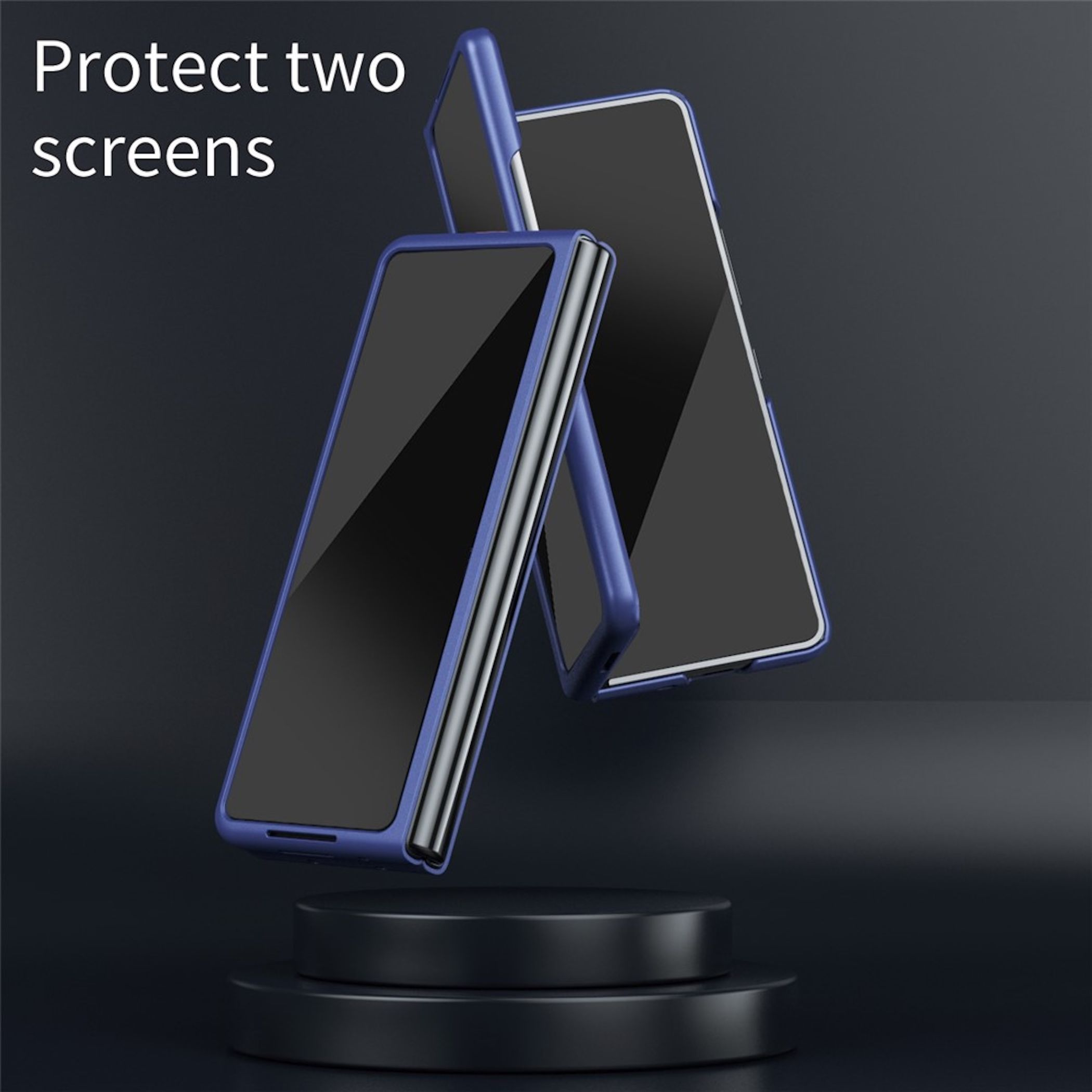 Ein faltbares Smartphone in einem blauen Gehäuse, das auf einem Podest steht.
