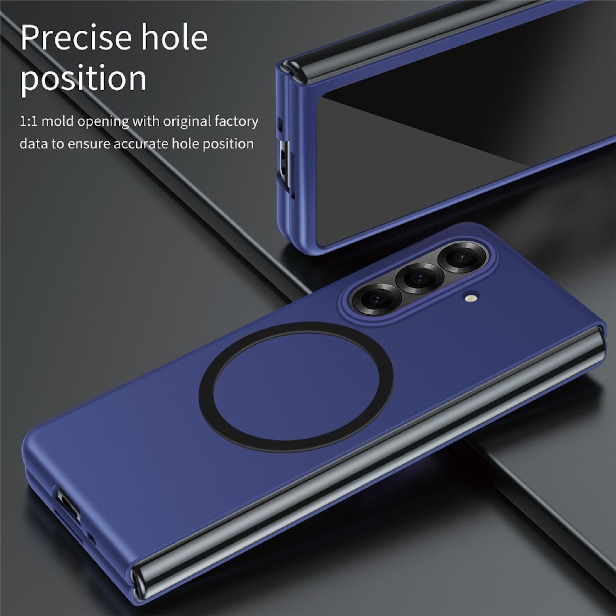 Ein blaues Handy mit drei Kameras und einem Ring auf der Rückseite.