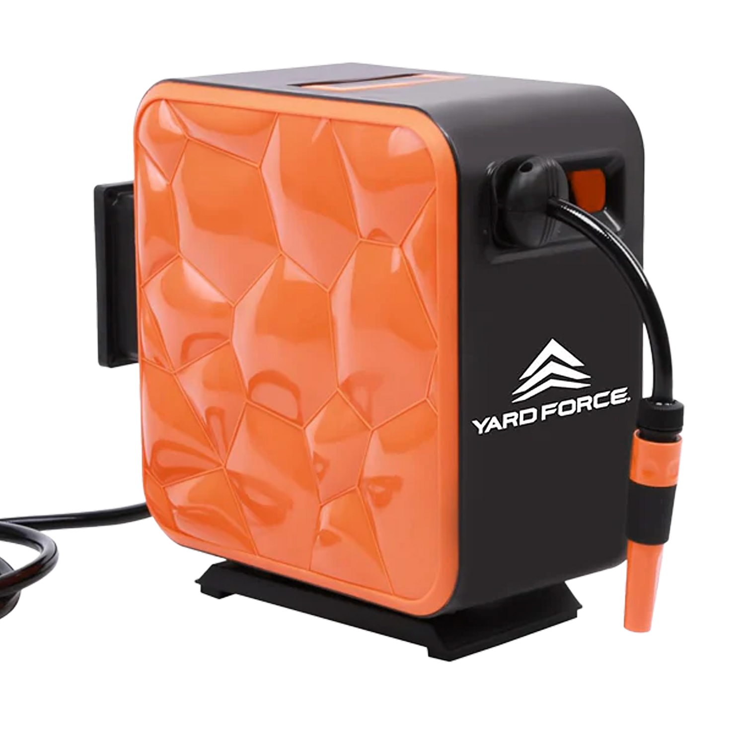 Ein orange-schwarzer Schlauchaufroller mit dem Logo von Yard Force.