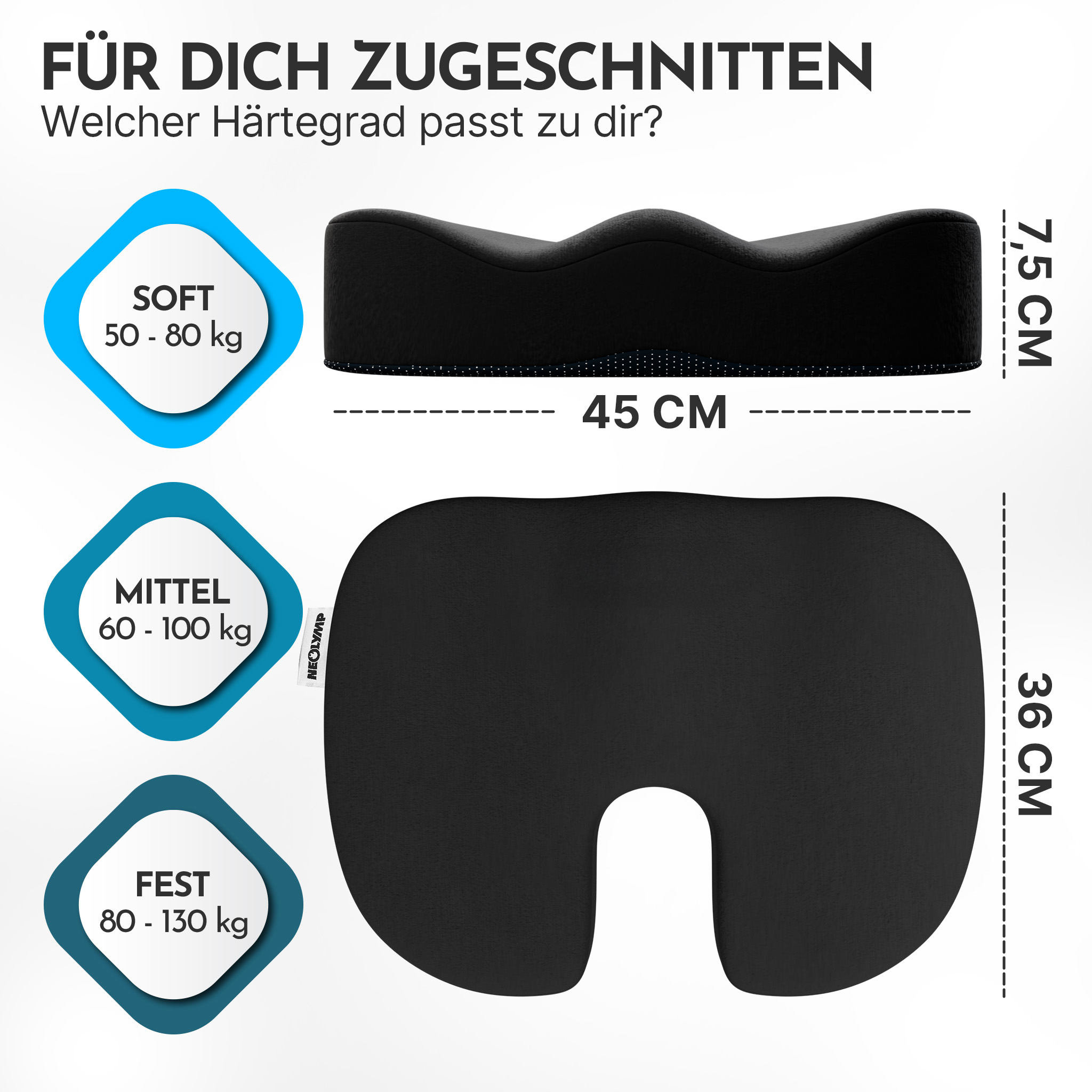 Schwarzes Sitzkissen mit Größenoptionen: Soft (50-80kg), Mittel (60-100kg), Fest (80-130kg).