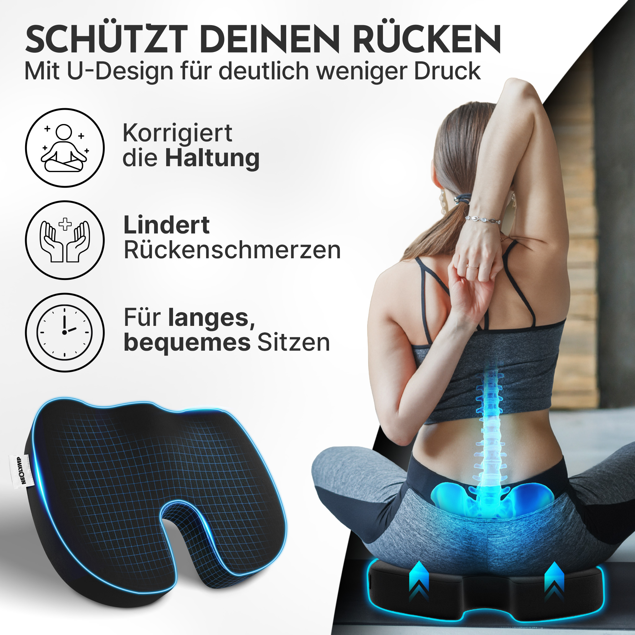 Ein Sitzkissen mit U-Design und eine Frau, die sich streckt.