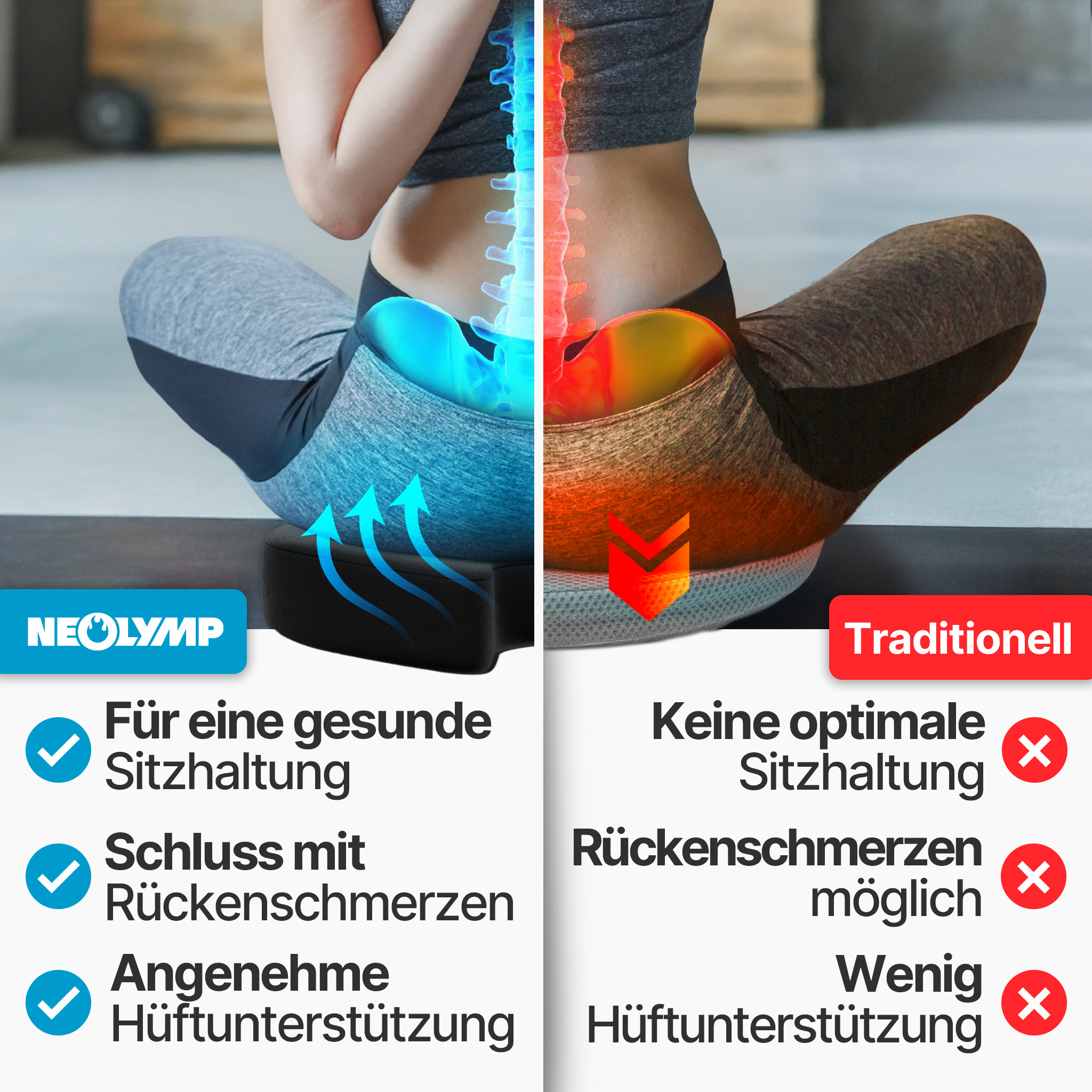 Vergleich: Neolymp Sitzkissen für gesunde Haltung vs. traditionell.