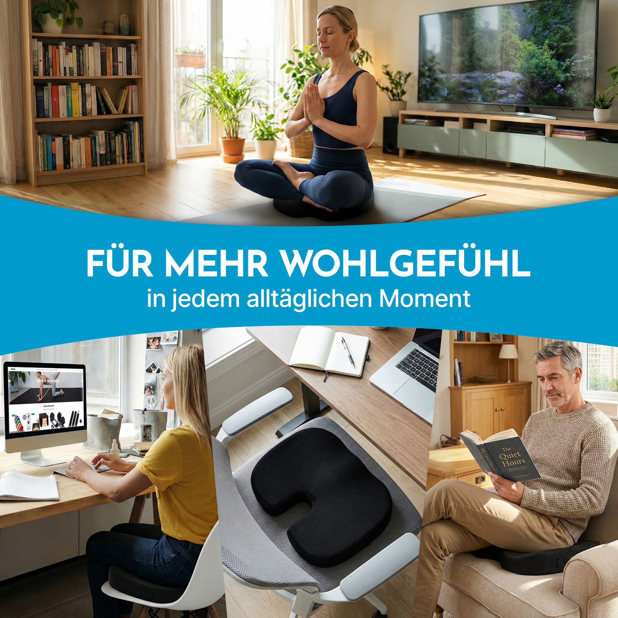 Collage zeigt Yoga, Arbeit am Schreibtisch, einen Mann, der liest, und ein Produkt.