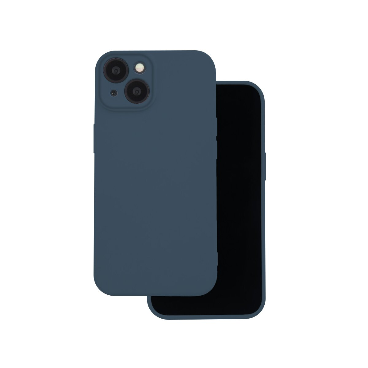 Dunkelblaue Handyhülle mit Kameraausschnitt und schwarzem Telefon dahinter.