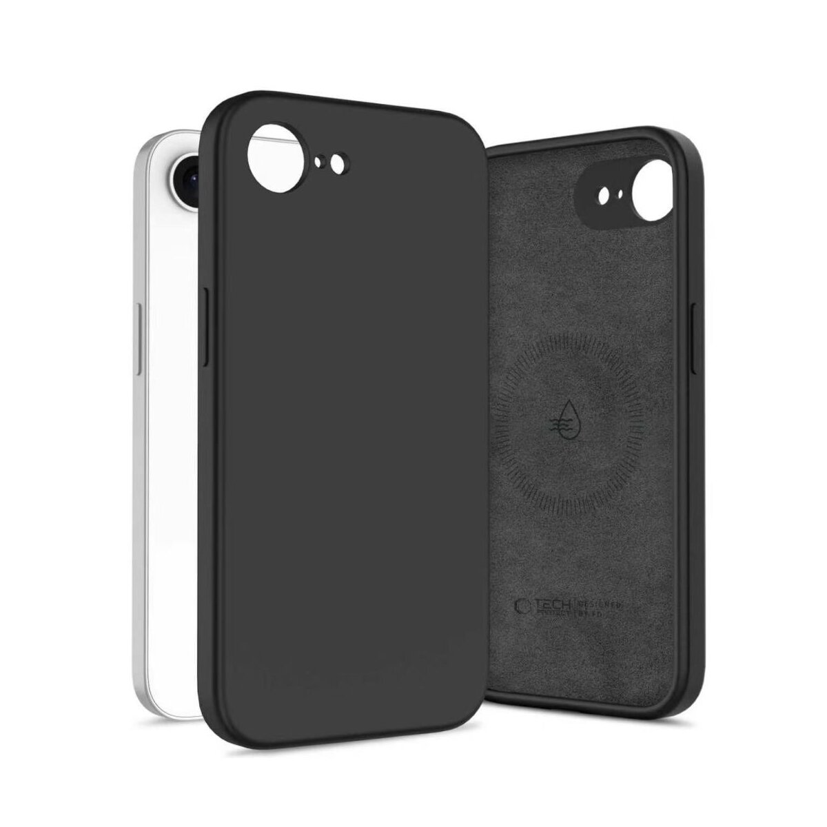 Ein schwarzes Handycover liegt neben einem weißen Handy. Das Innere des Covers ist sichtbar.