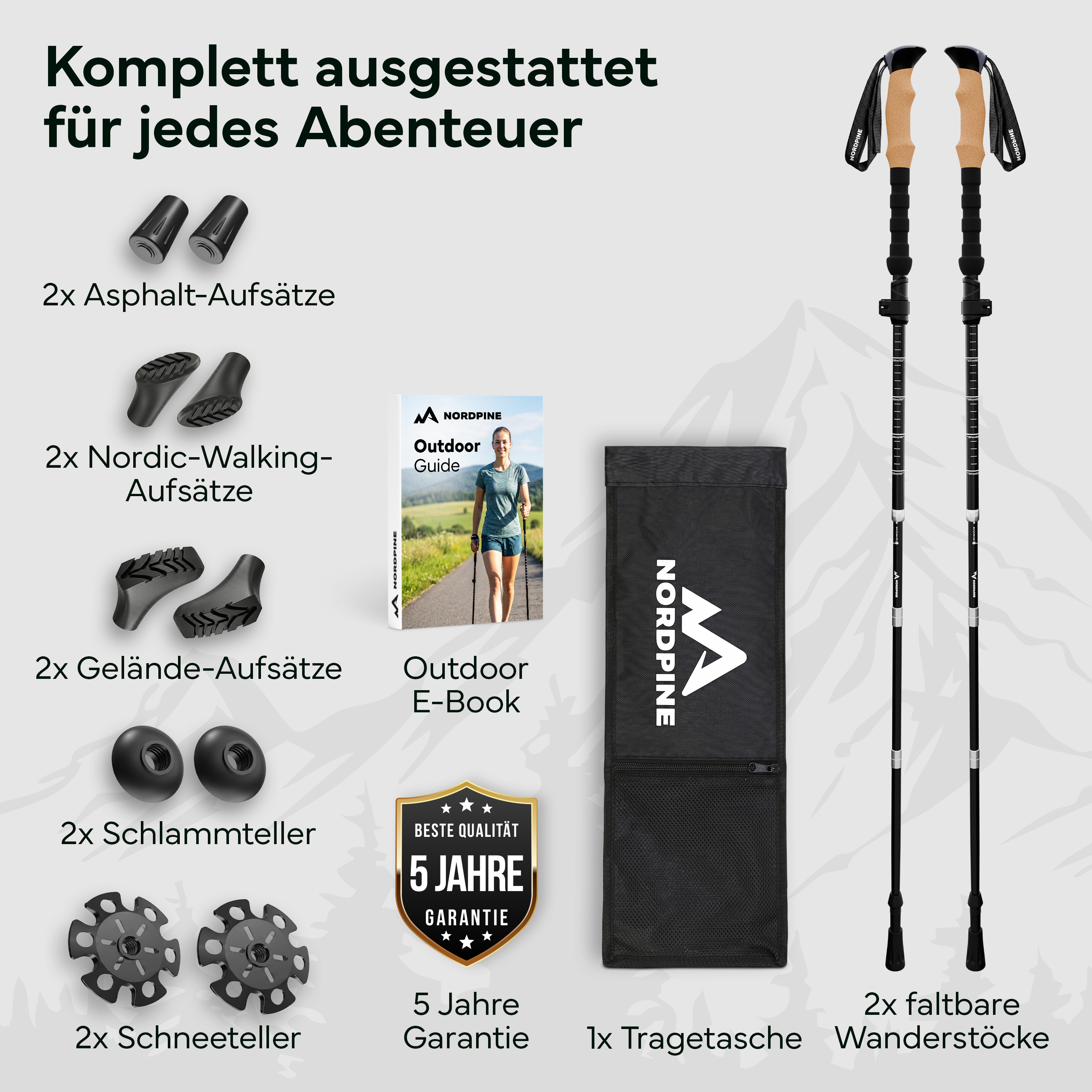 Nordpine Trekkingstöcke Set mit Zubehör: Stöcke, Tragetasche, E-Book, 4 Aufsätze, 2 Teller.