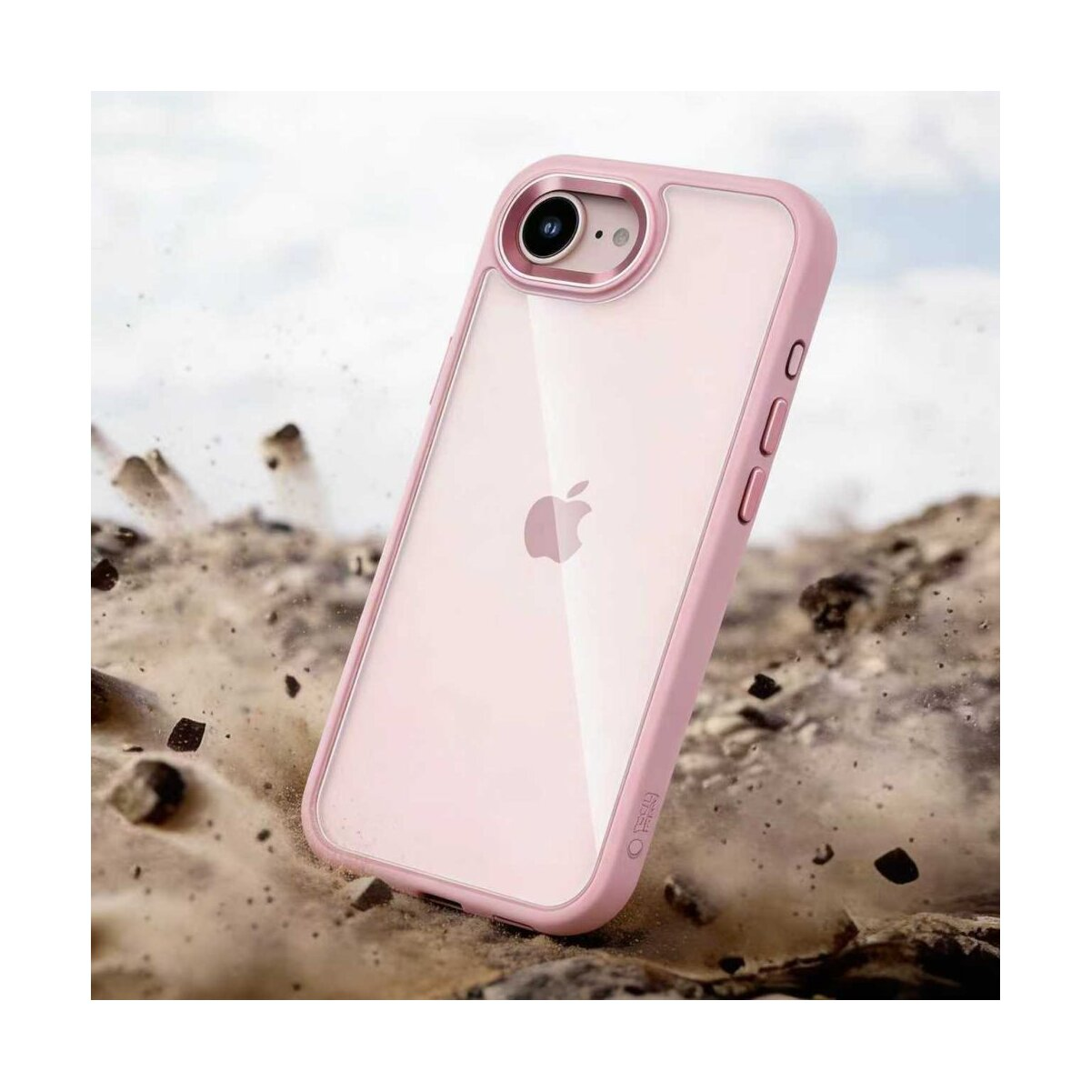 Ein rosafarbener iPhone-Schutz fällt auf schmutzigem, felsigem Boden.