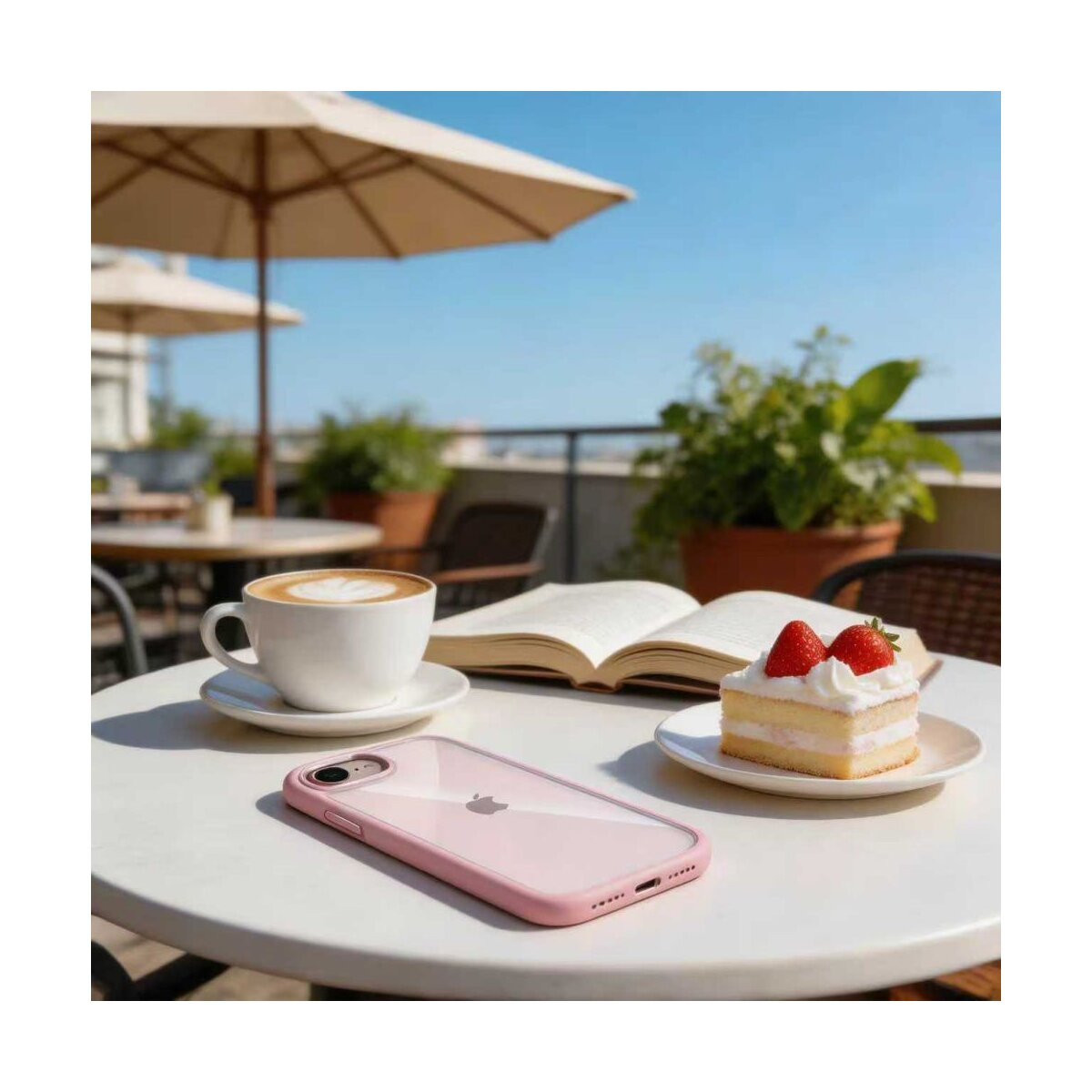 Ein rosafarbenes Smartphone, ein Buch, Kaffee und Kuchen auf einem Tisch im Freien.