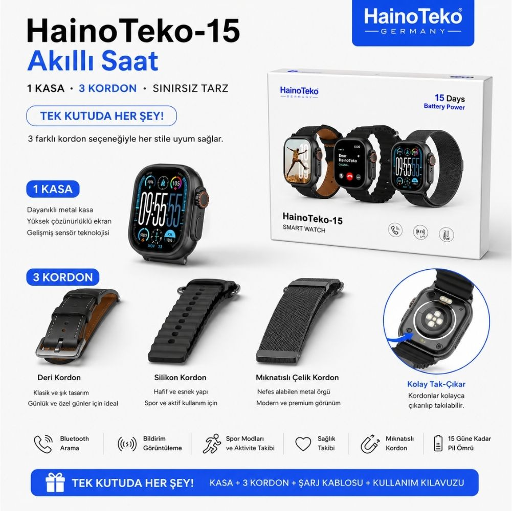 HainoTeko-15 akıllı saat üç kordonla: deri, silikon, metal. Kutu, şarj kablosu dahildir.