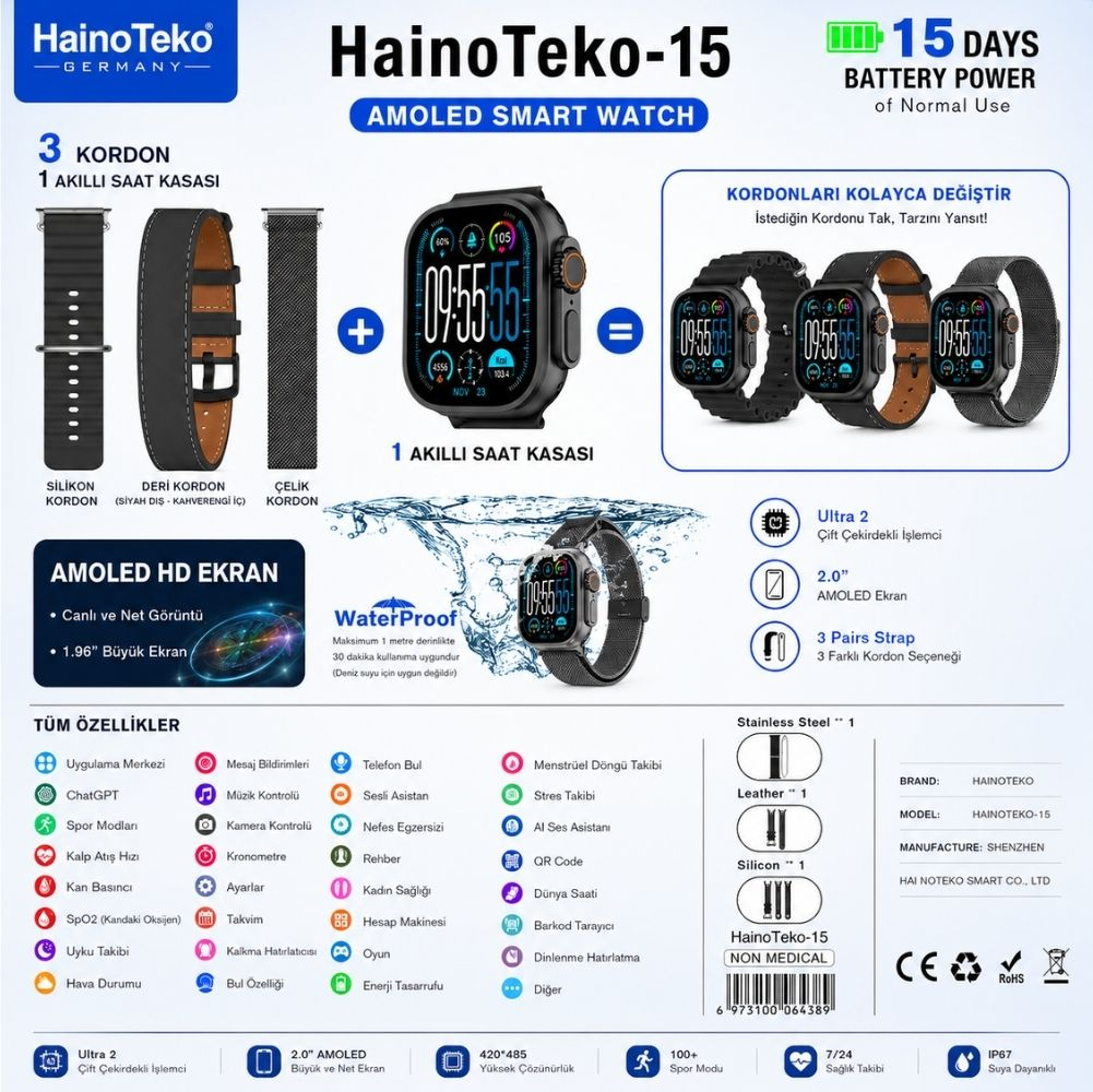 AMOLED ekranlı HainoTeko-15 akıllı saat, 3 kordon ve 15 gün pil ömrü.