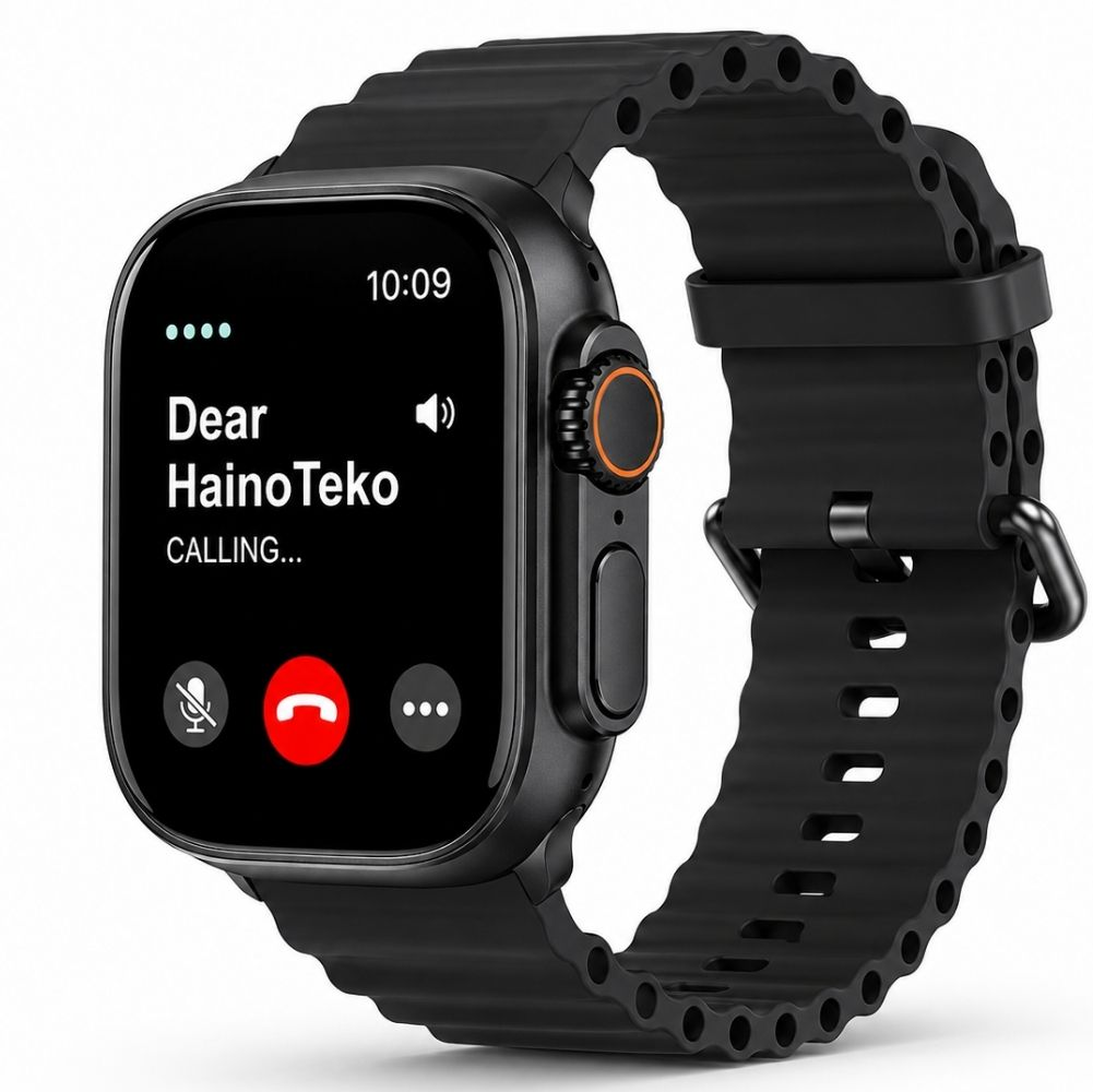 Siyah akıllı saat ekranı 'Dear HainoTeko CALLING...' ve arama ikonları gösteriyor.