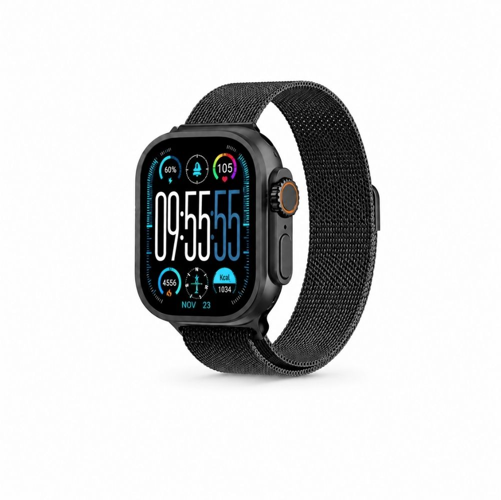 Mesh kordonlu siyah akıllı saat, 9:55, %60 pil, 105 nabız, 4556 adım, 1034 kcal ve 23 Kasım gösteriyor.